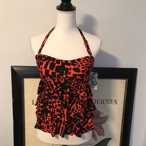 Pink and black tankini bathing suit top
